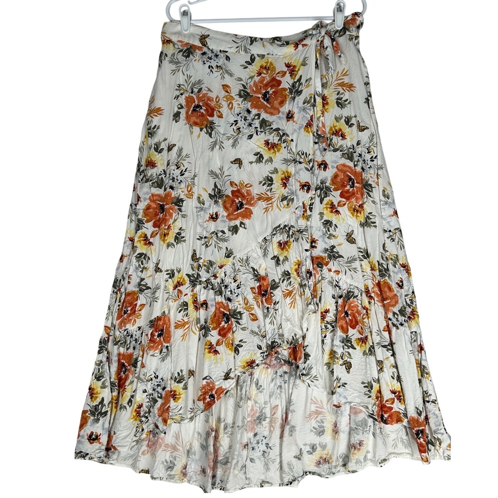 Torrid White Faux Wrap High Low Skirt Orange and Yellow Floral Print Size 1X